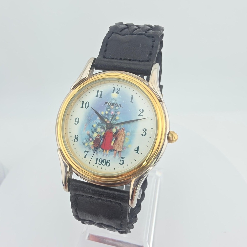 Vtg 1996 FOSSIL Watch Limited Edition Christmas Tree Holiday Black Leather 8"